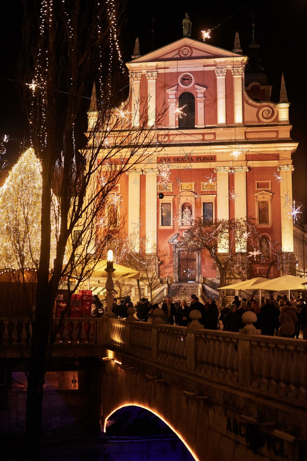 Franciscan Church in the city centre of Ljubljana in the Christmas season at night