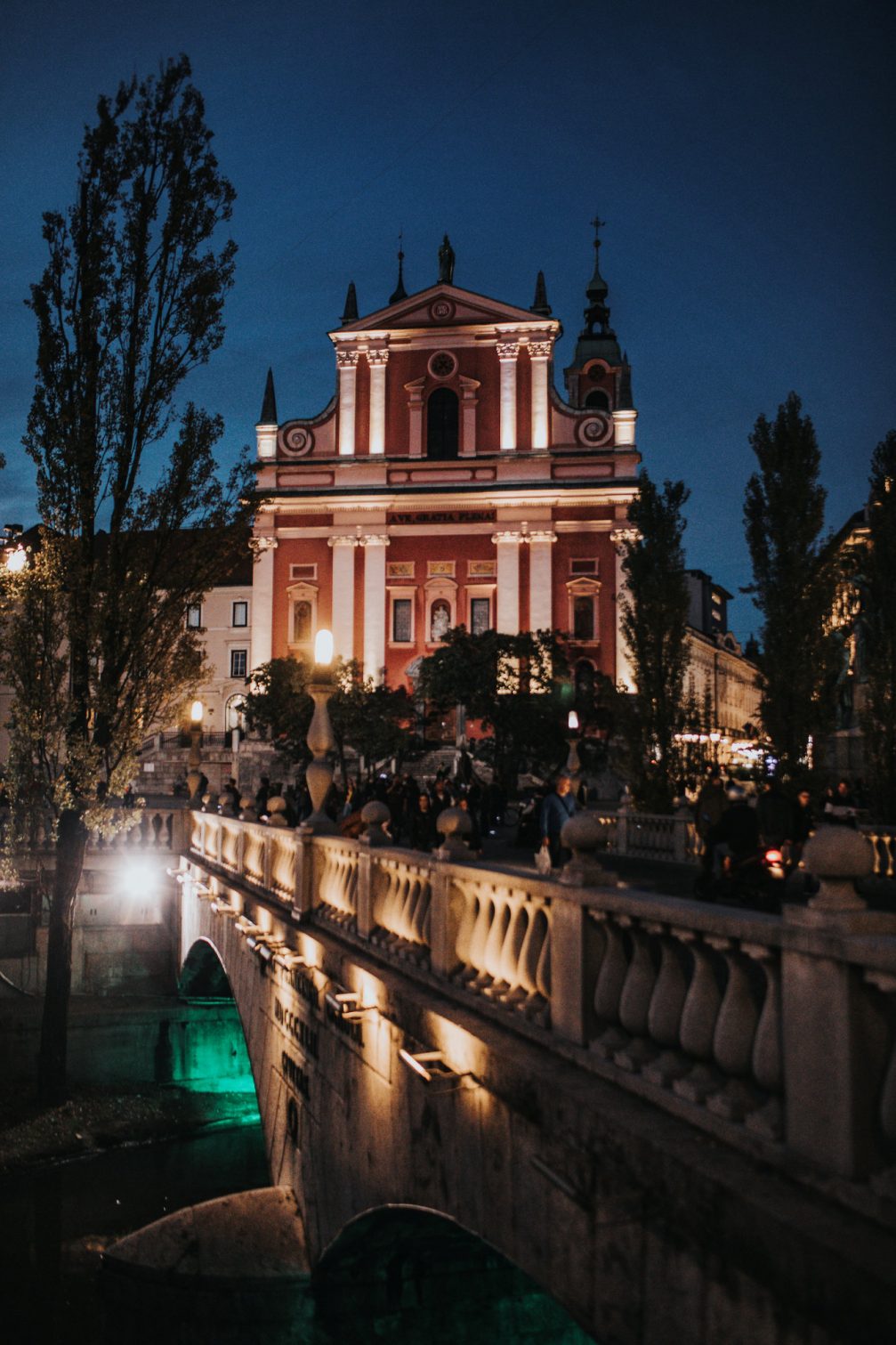 Exterior of Franciscan Church of the Annunciation in Ljubljana at night