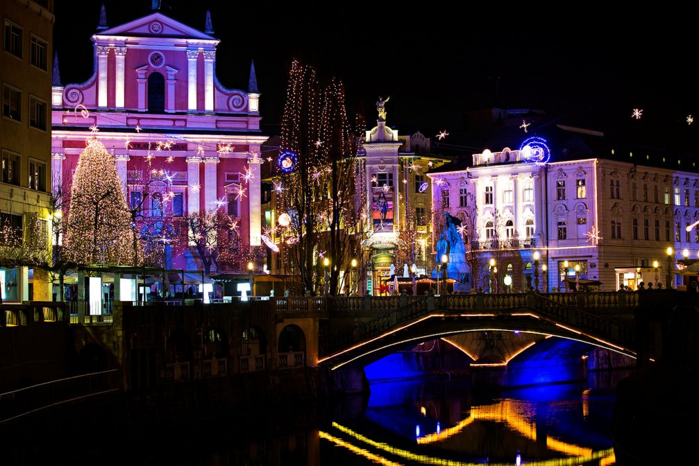 Franciscan Church in Ljubljana Old Town decorated with Christmas lights at night