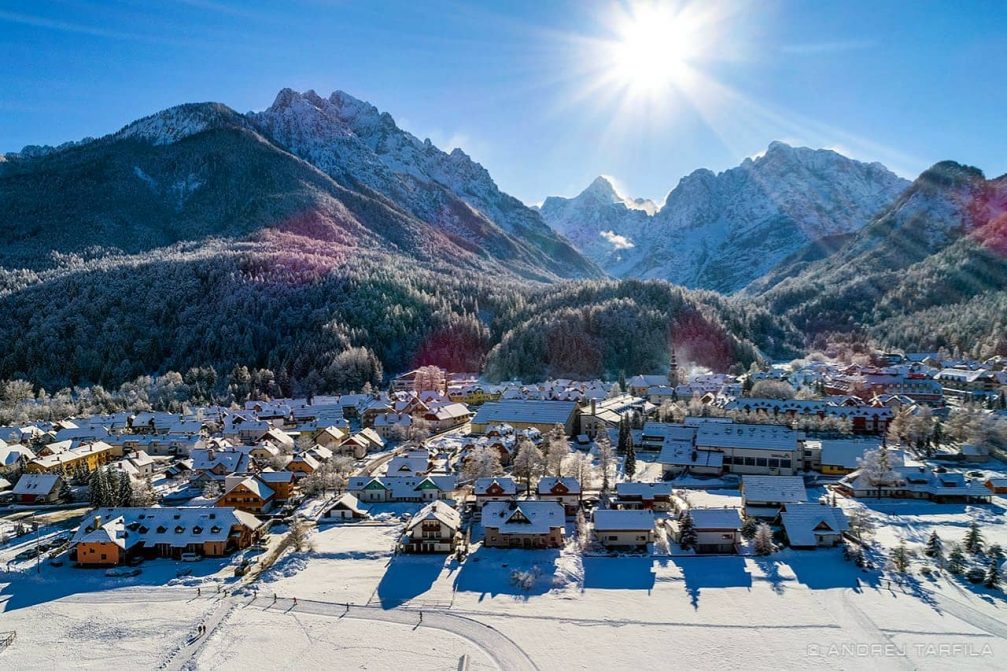 Alpine village of Kranjska Gora on a clear winter day.