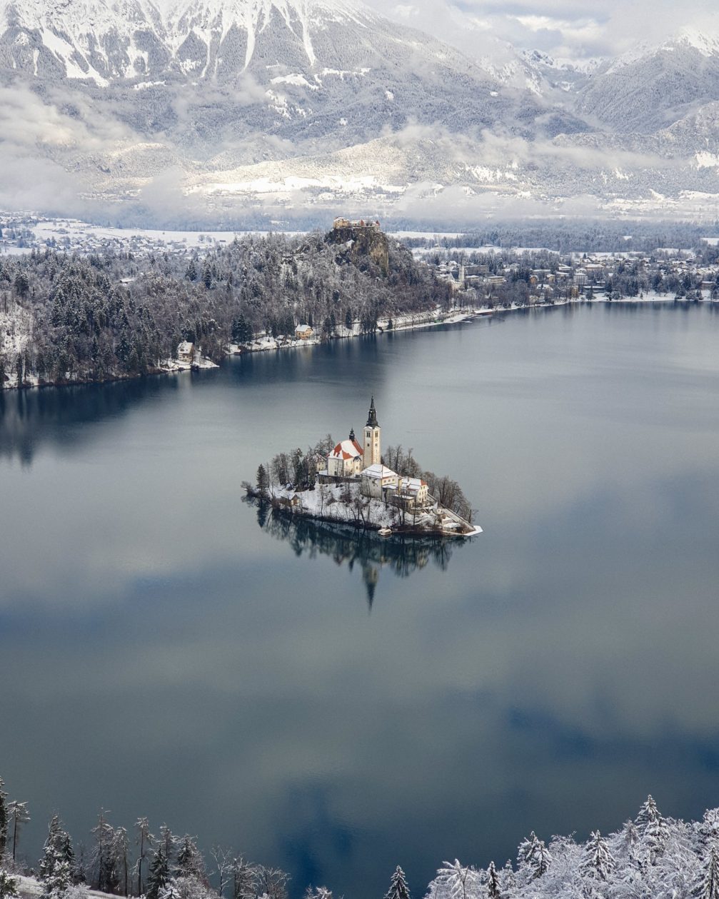 Lake Bled in winter as seen from Mala Osojnica Viewpoint