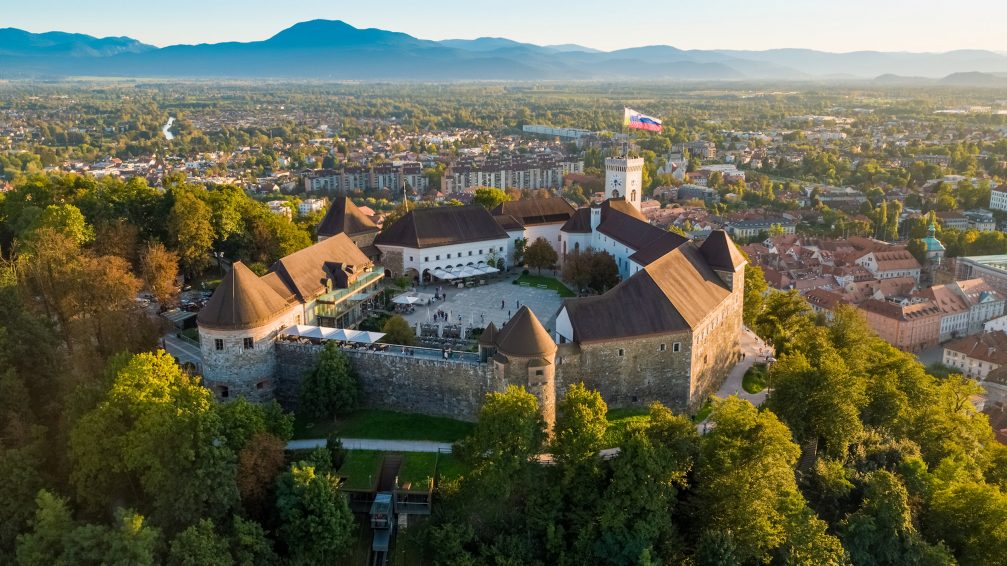 Ljubljana Castle from above with the capital city of Slovenia in the background