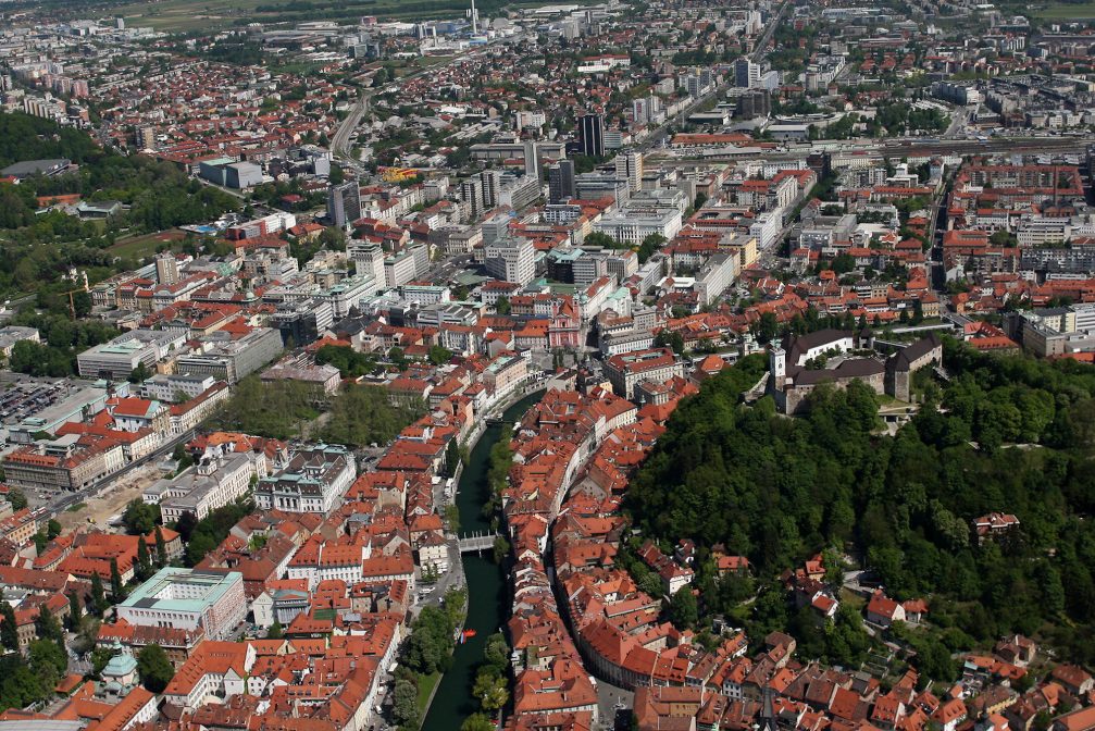 Aerial view of Ljubljana Old Town with its hilltop Ljubljana Castle