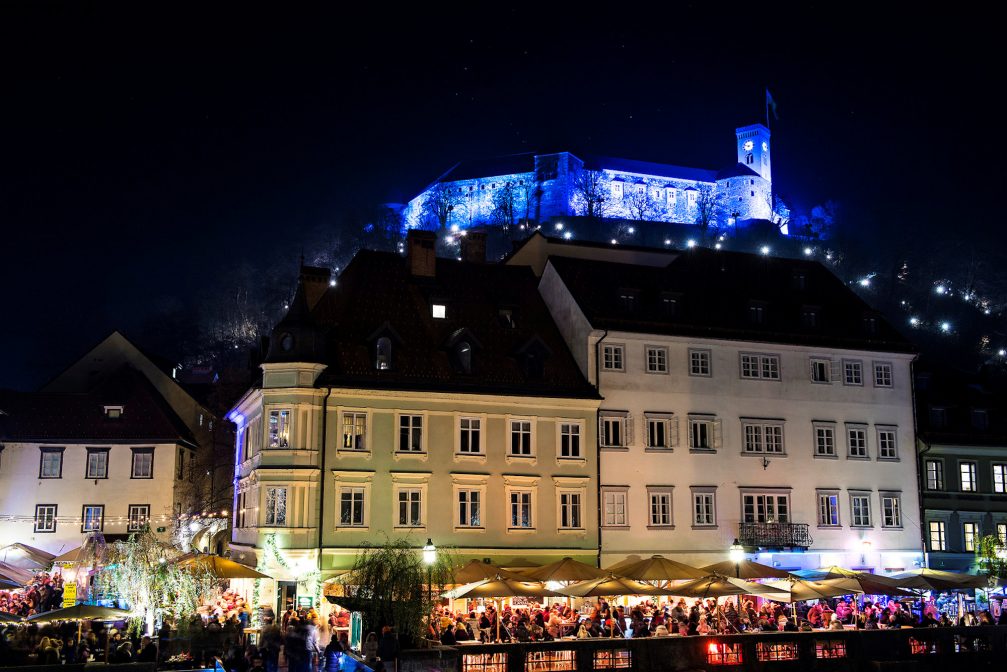 A view of Ljubljana Castle at night in the Christmas season