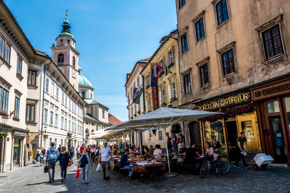 Ljubljana's Old Town with Ljubljana Cathedral in the background