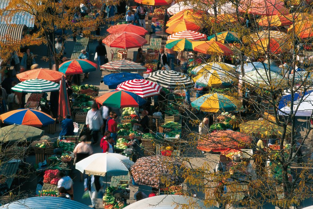 Aerial view of the open-air part of the Ljubljana Central Market