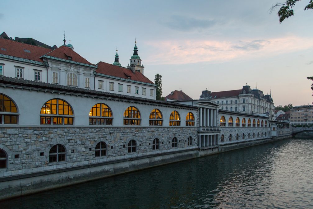 Ljubljana Central Market and Ljubljanica river in Slovenia