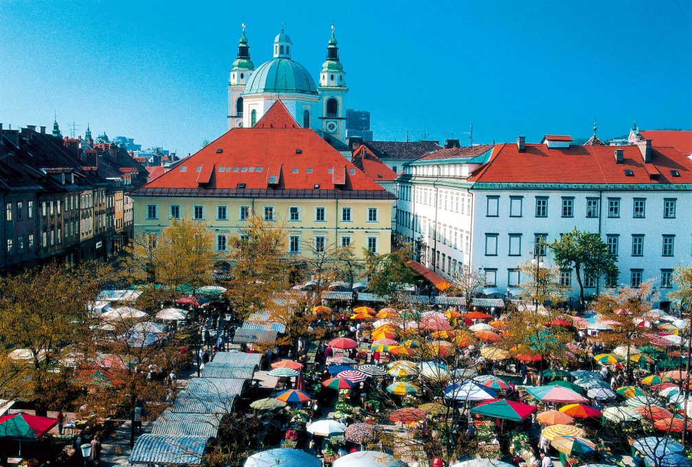 Open-air part of the Ljubljana Central Market in autumn