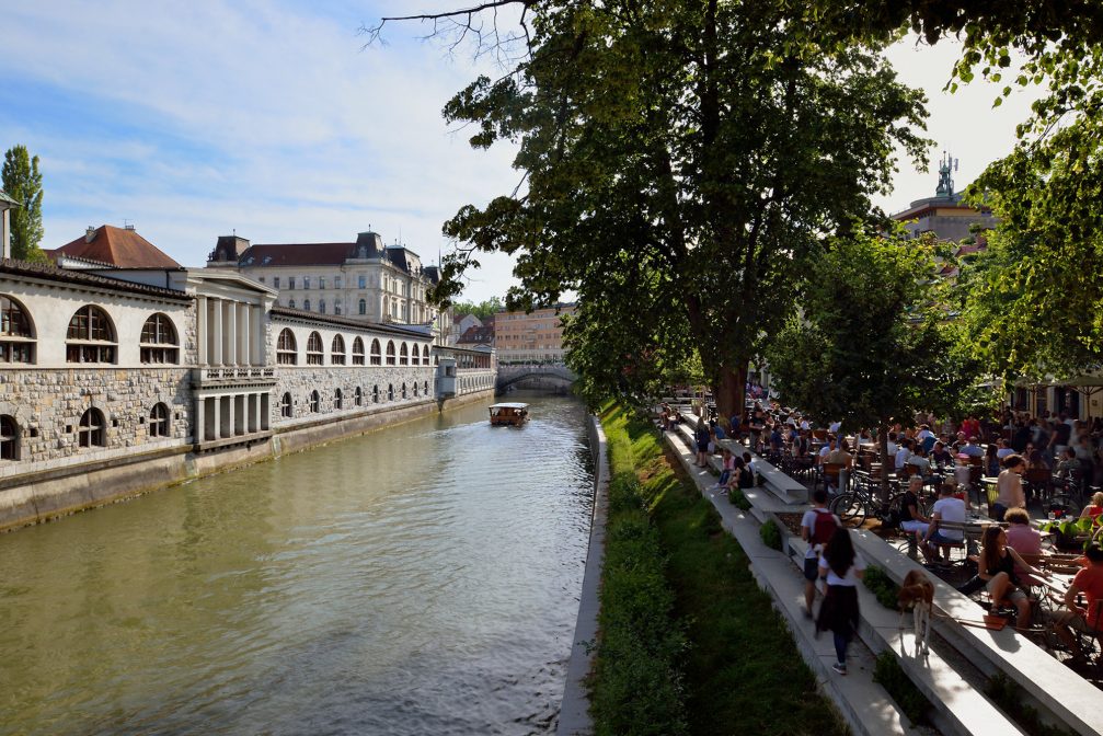 Ljubljana Central Market and Ljubljanica river in the capital city of Slovenia