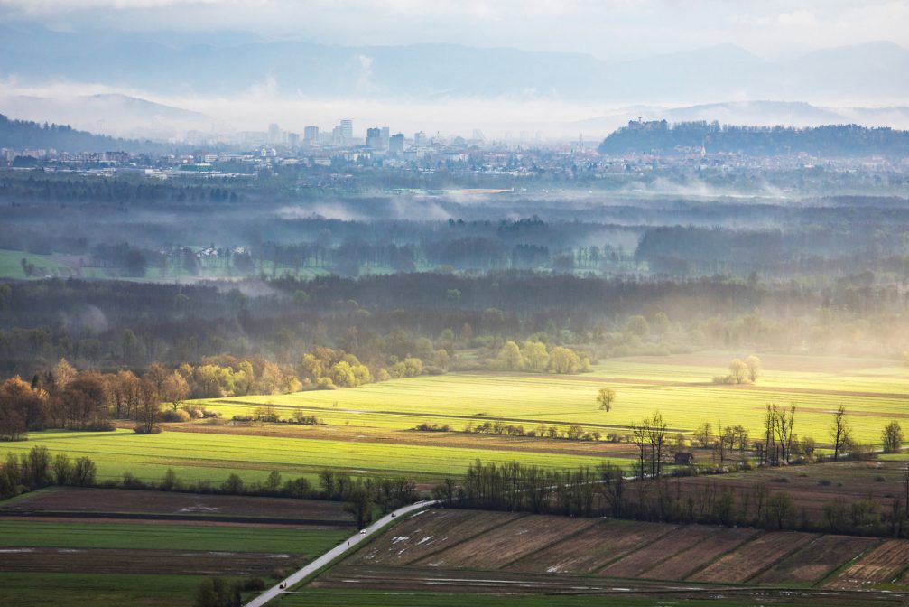 View of Ljubljana Marshes with Ljubljana, the capital city of Slovenia, in the background