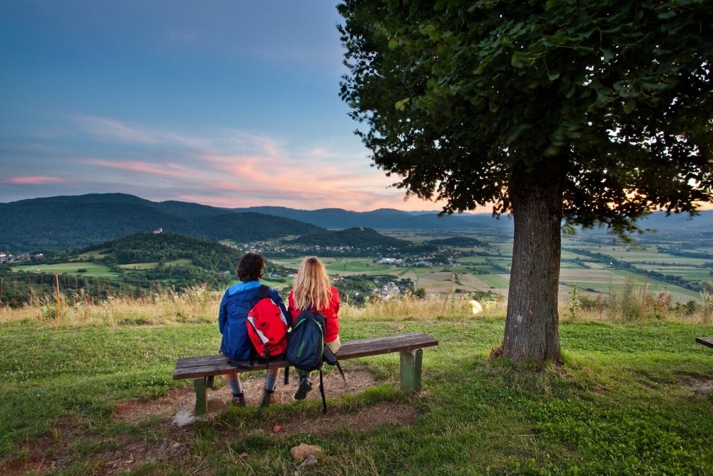 A couple of hikers on a bench with a view over Ljubljana Marshes Nature Park