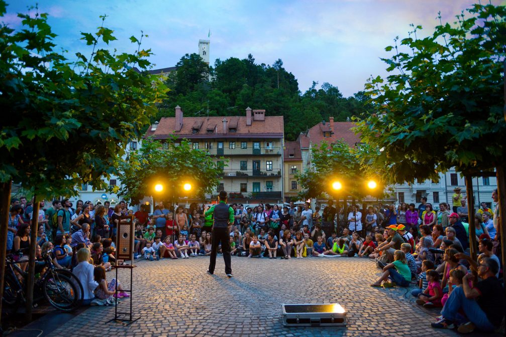 Ana Desetnica event in the streets of Ljubljana Old Town in the evening