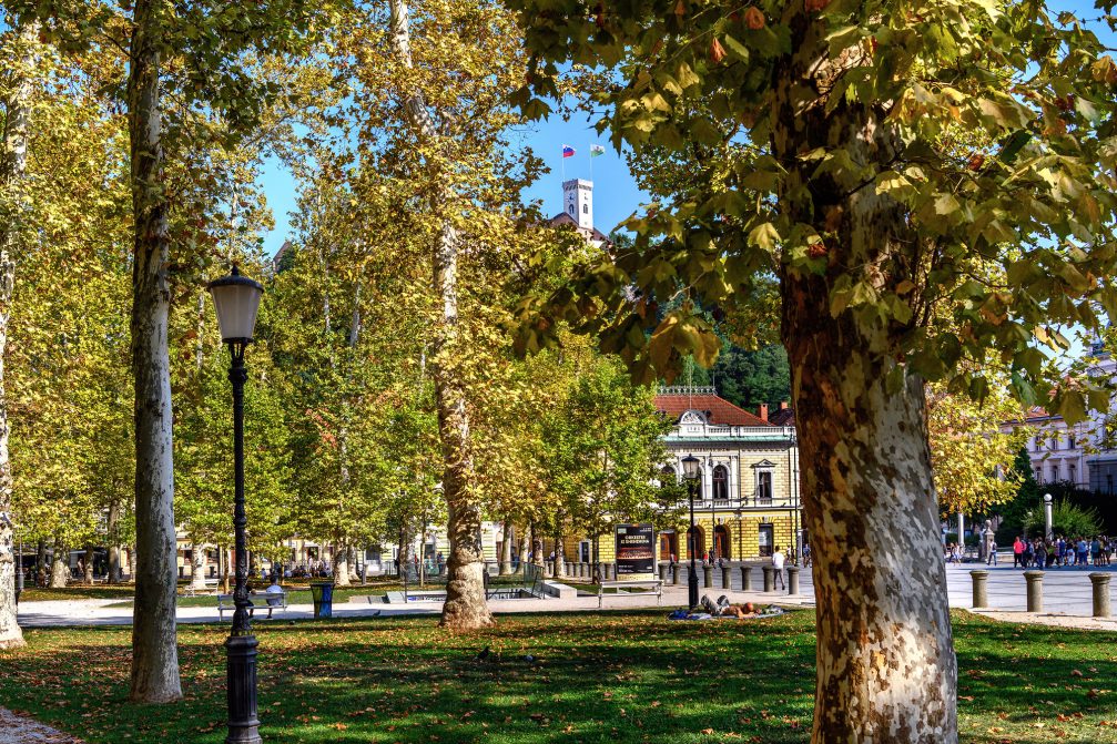 A park in Ljubljana Old Town in the autumn season