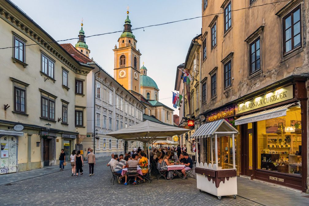 Cafés with outdoor seating in Ljubljana Old Town in the capital city of Slovenia