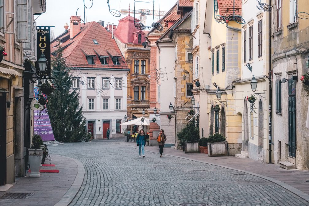 Street view in Ljubljana Old Town in Slovenia in autumn