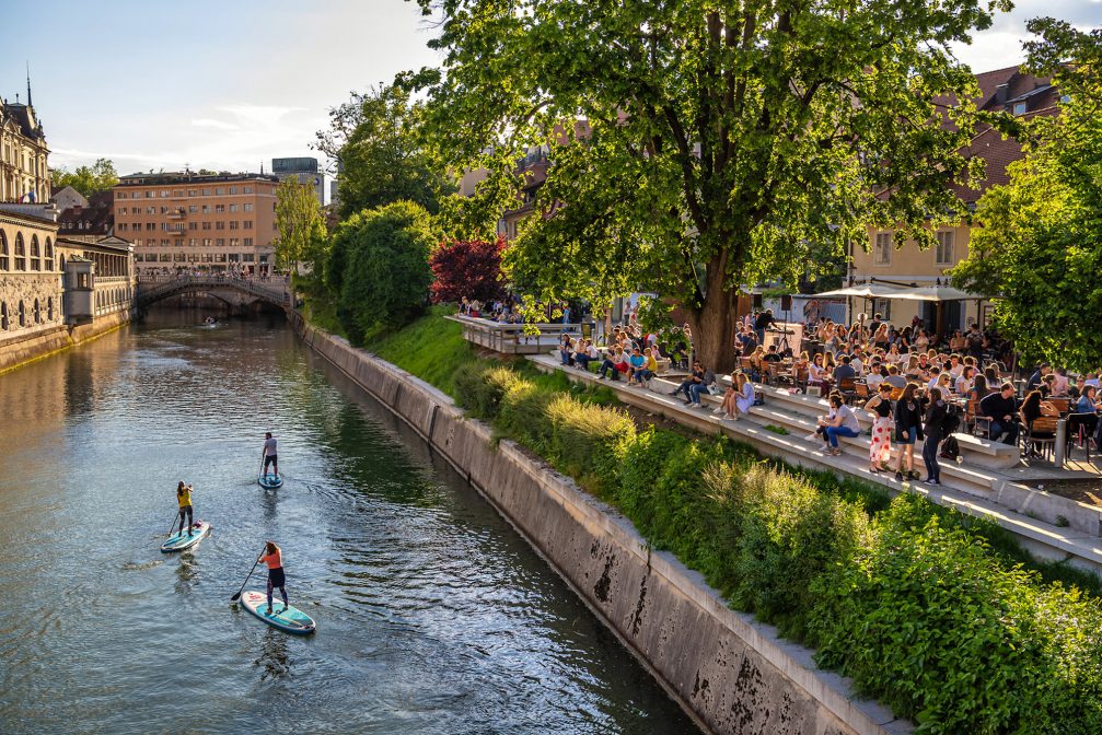 Ljubljanica River at Petkovskovo Embankment in Ljubljana Old Town