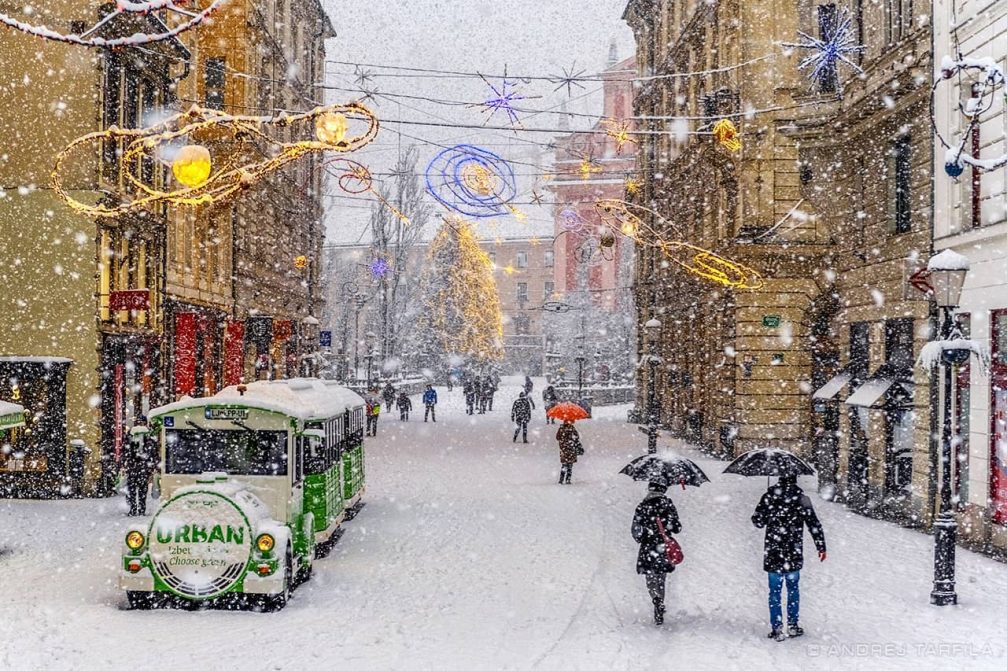 Slovenia's capital Ljubljana covered in a wintry blanket of snow in winter