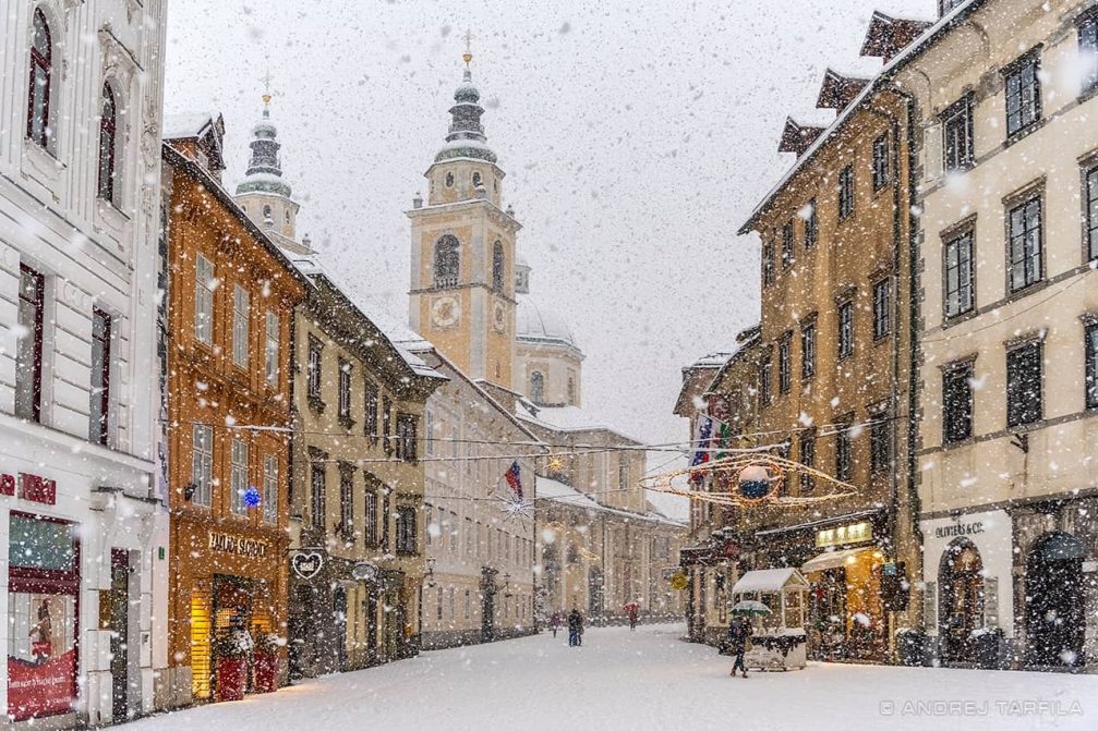 Slovenia's capital Ljubljana during snowing in winter 2020-21