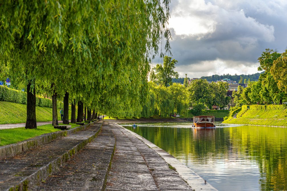 A wooden boat on River Ljubljanica in Ljubljana, the capital of Slovenia