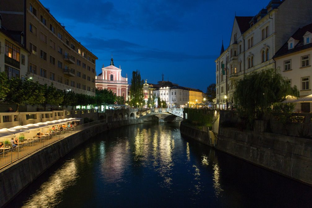 Ljubljanica River in Ljubljana Old Town at night