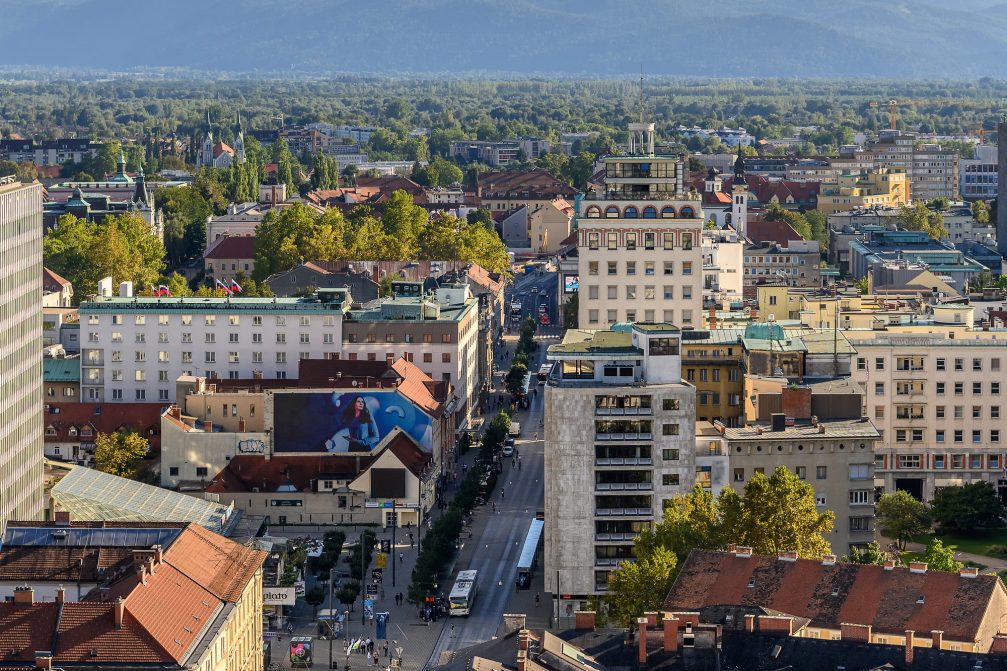 View of Ljubljana with its Neboticnik skyscraper
