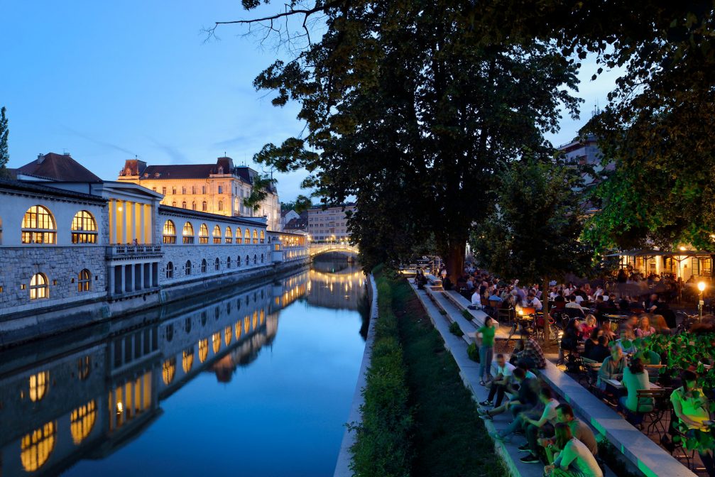 Ljubljana Central Market and Ljubljanica river in the evening