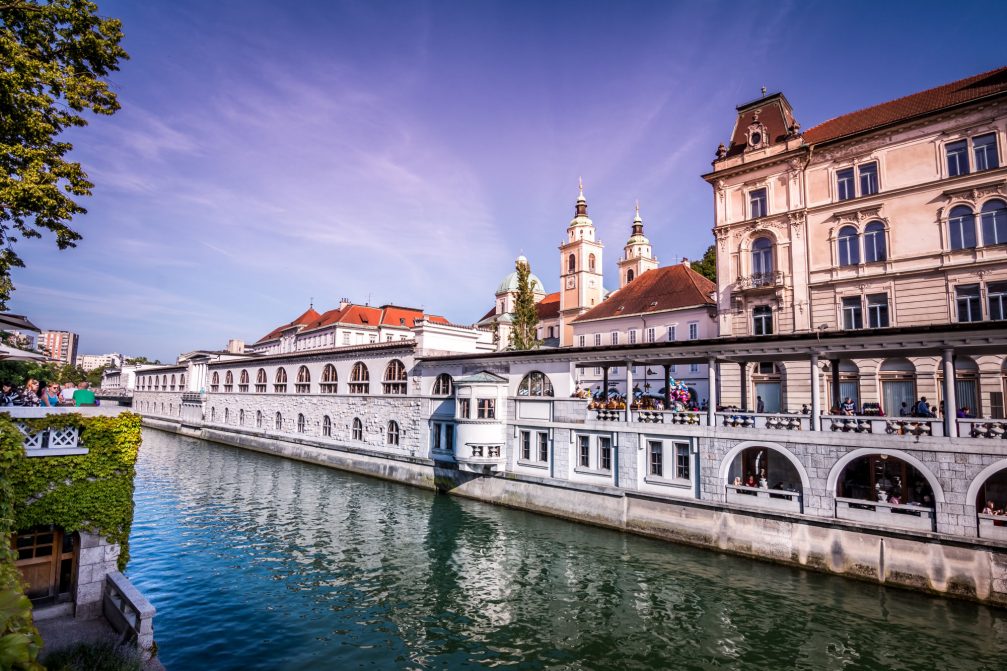 Plecnik's Covered Market with Ljubljana Cathedral in the background