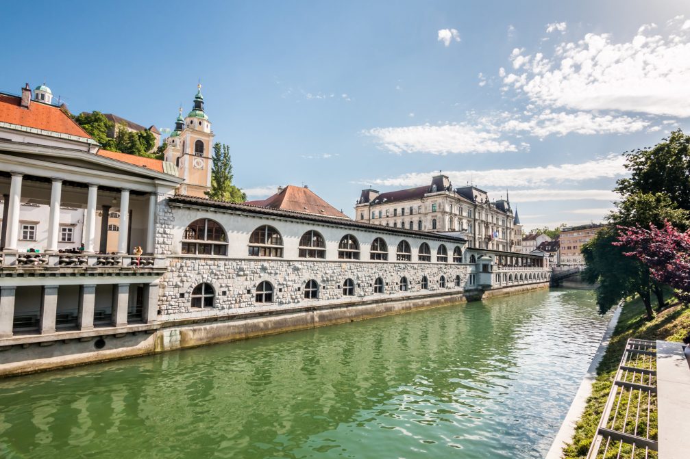 River Ljubljanica flowing by the Ljubljana Central Market in the capital city of Slovenia