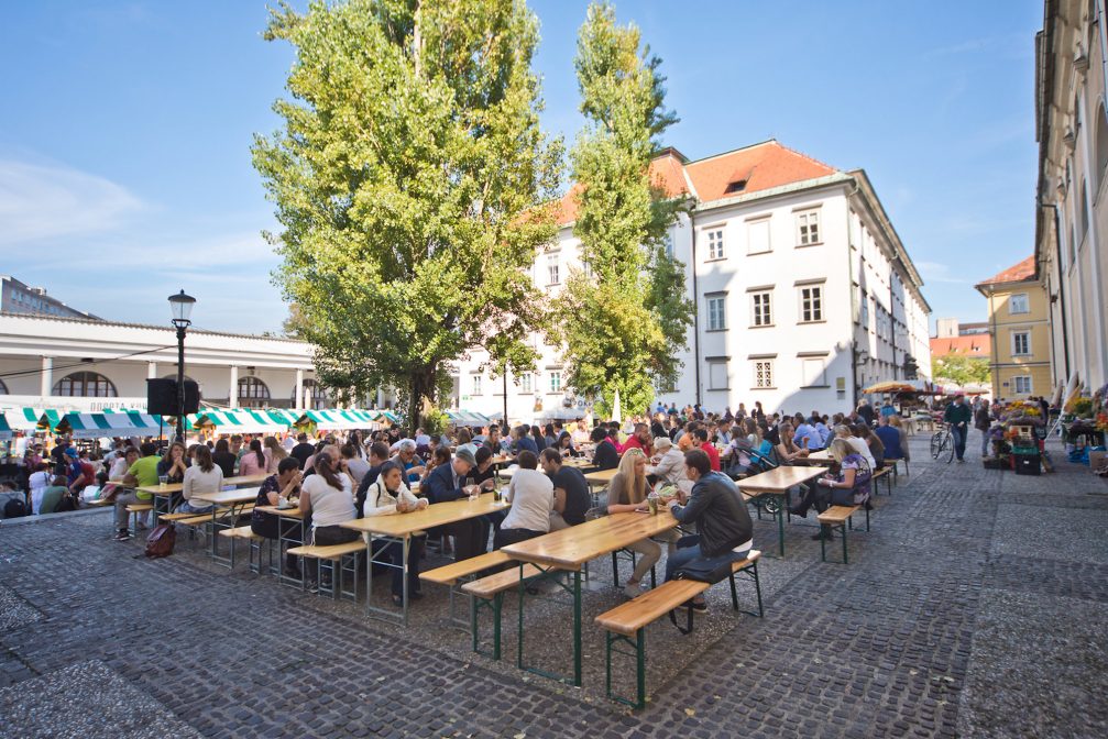 Pogacarjev Trg Square in Ljubljana Old Town in Slovenia