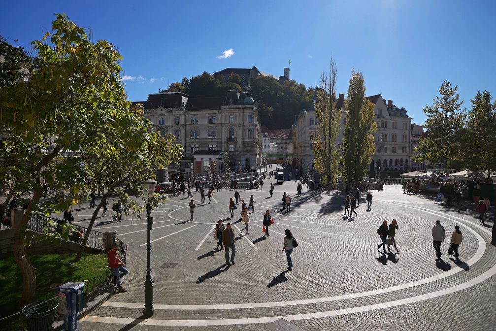 Preseren Square in Ljubljana with the hilltop castle in the background