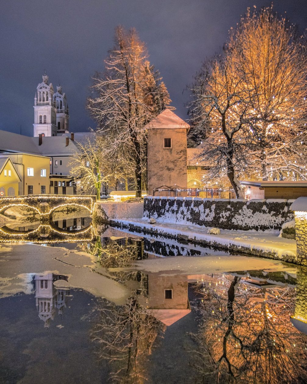 Town of Ribnica in Slovenia at night in the Christmas season