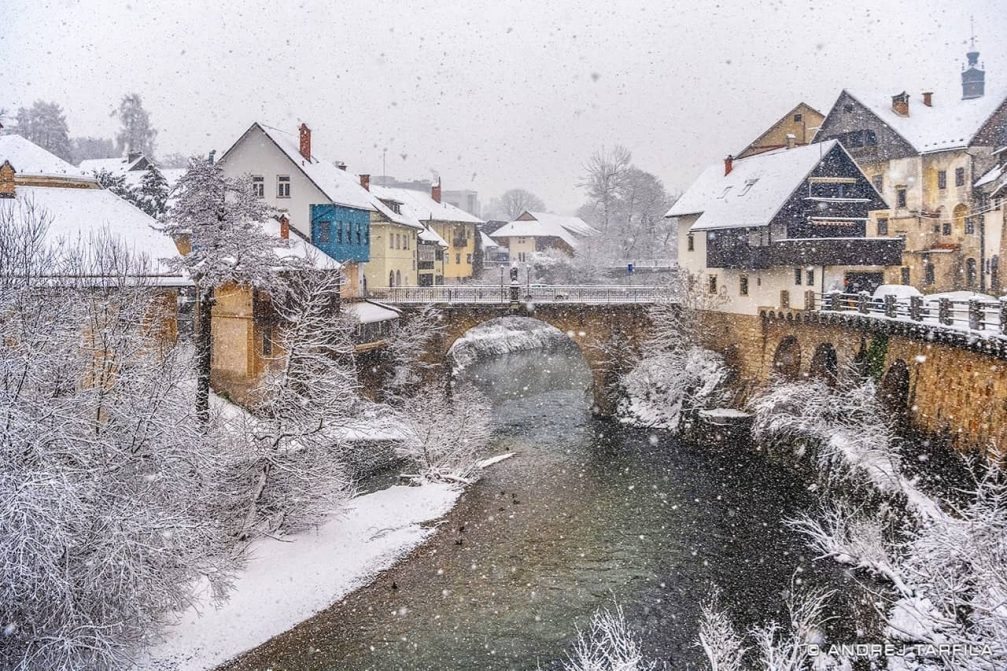 Skofja Loka in Slovenia during snowing in winter of 2020-21