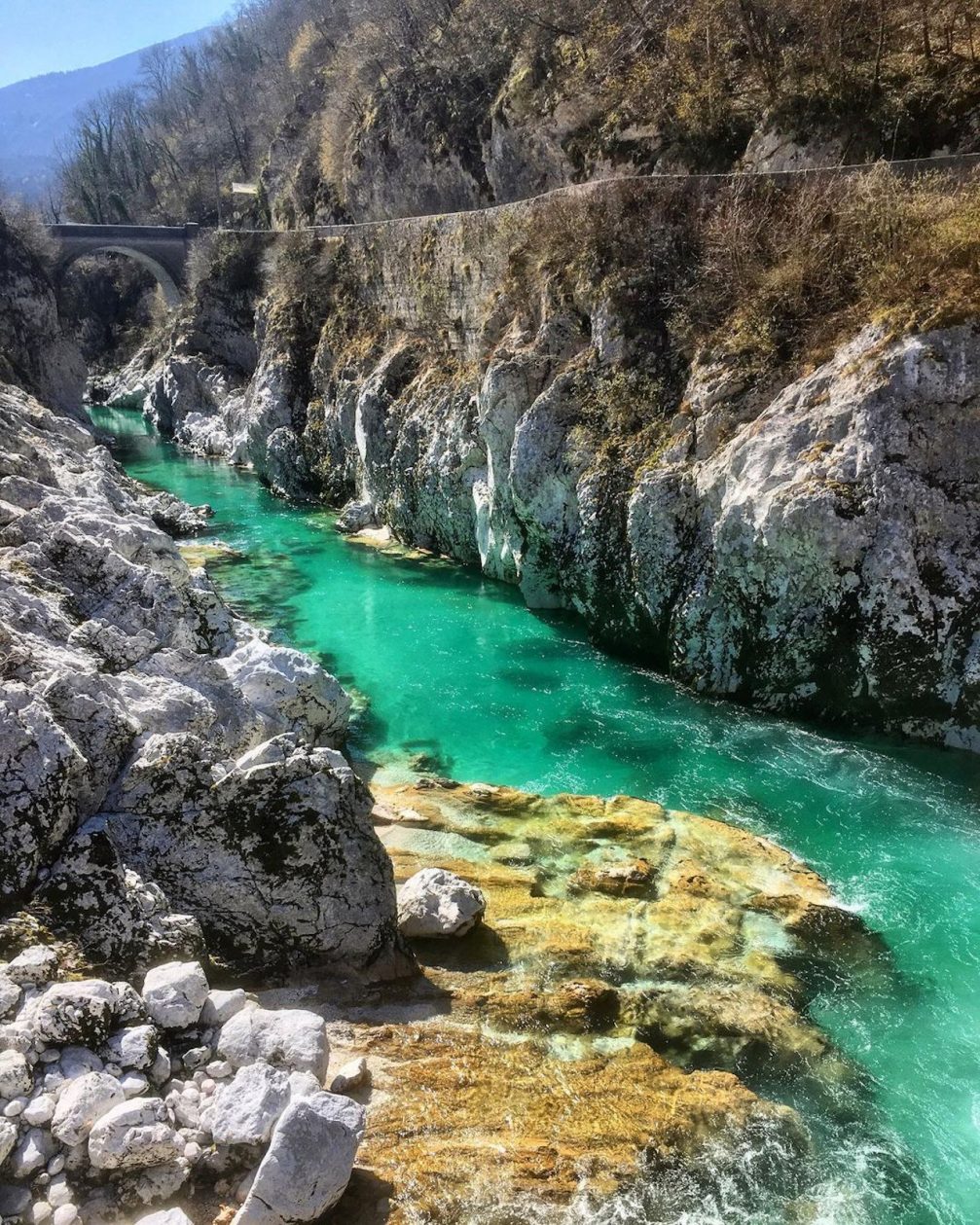 Soca Gorge in Slovenia in the time between winter and spring