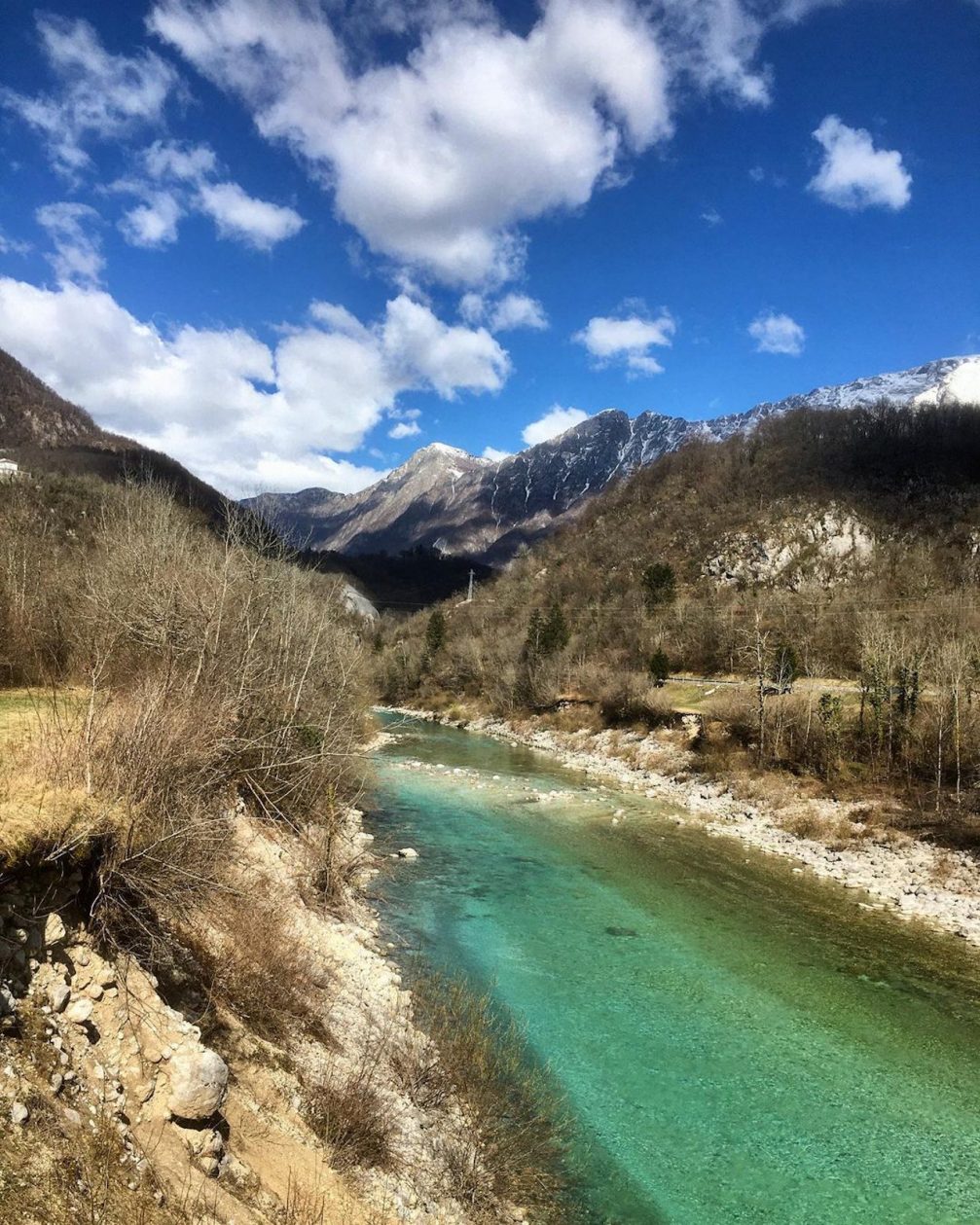 Soca Valley with its emerald river in the time between winter and spring