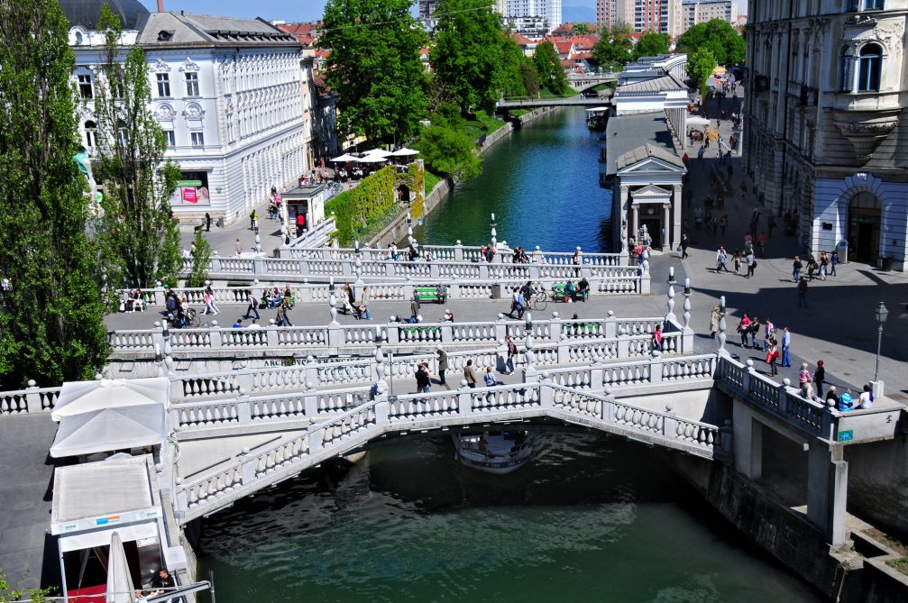 Aerial view of Triple Bridge across Ljubljanica River in Ljubljana Old Town