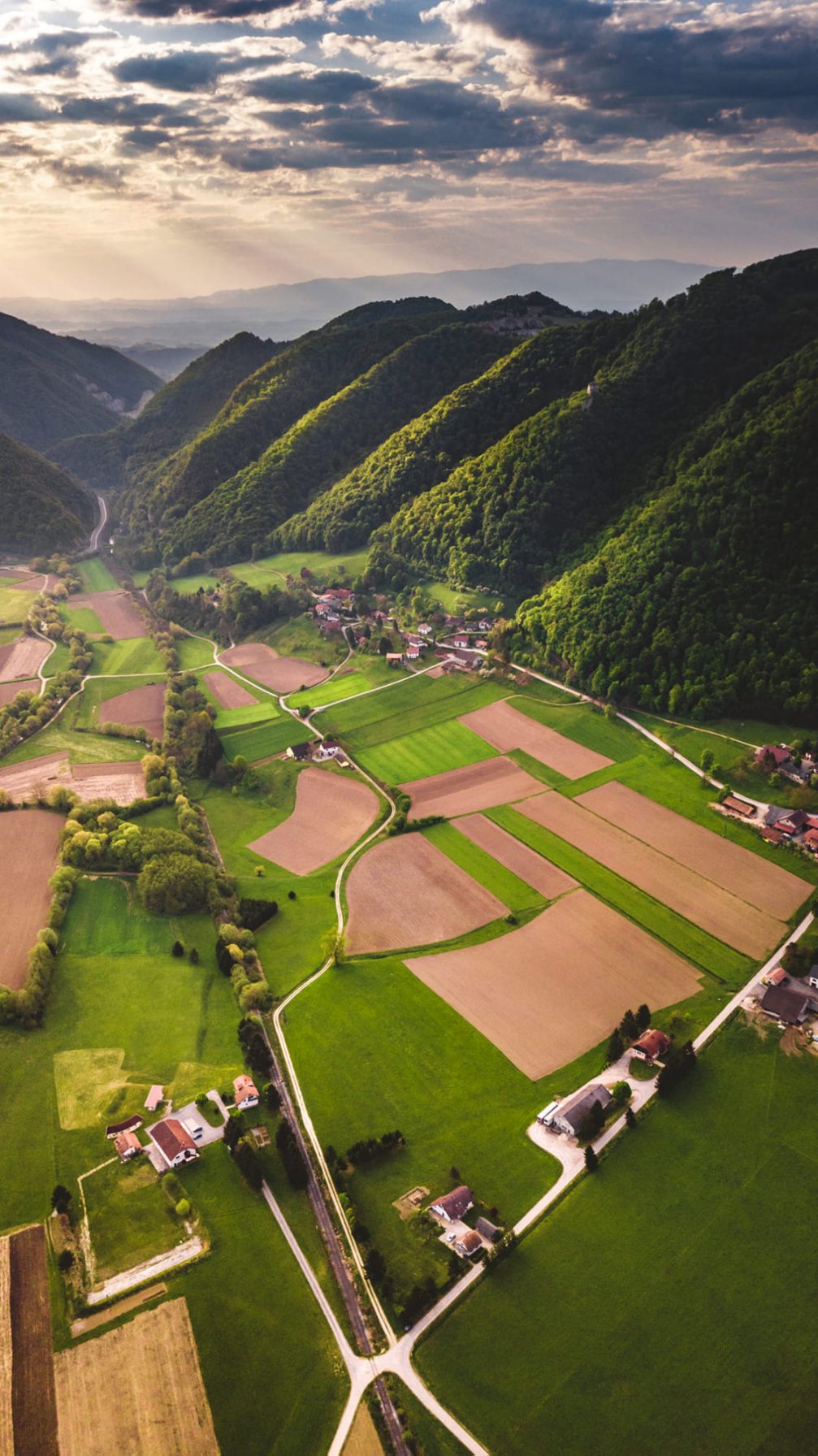 Aerial view of the Bistrica Ob Sotli countryside in the Kozjansko and Obsotelje region in eastern Slovenia