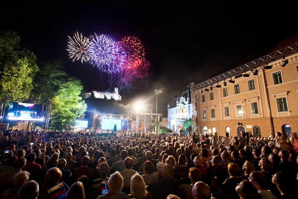 Fireworks over Congress Square in Ljubljana, the capital city of Slovenia