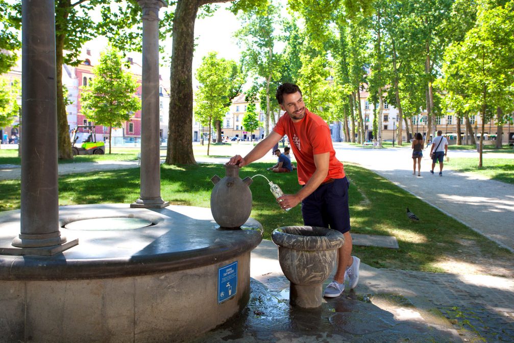 A drinking fountain at Zvezda Park in Congress Square in Ljubljana