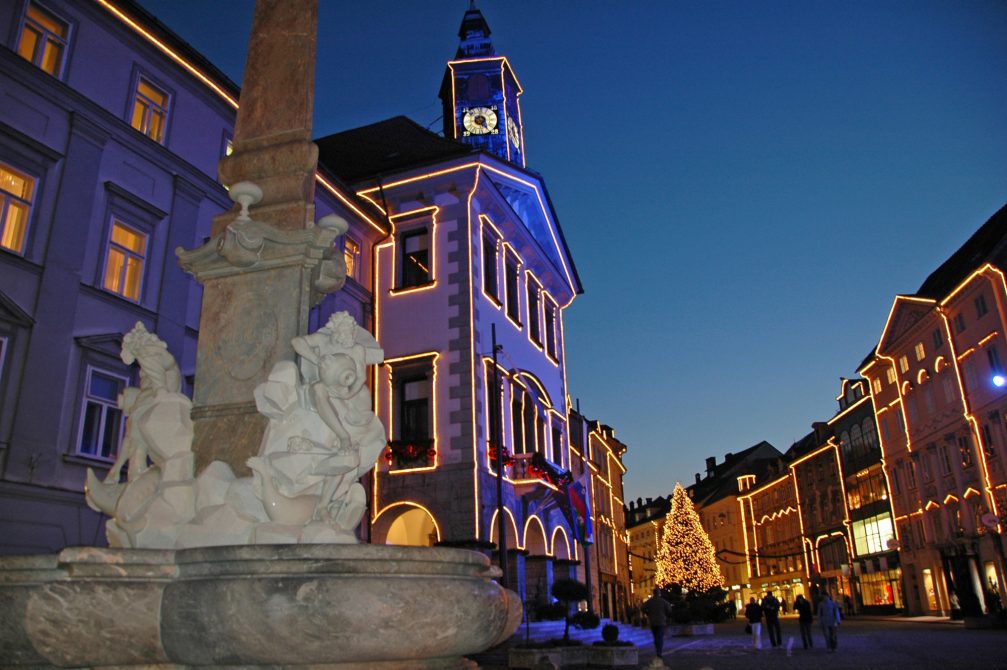 A fountain in front of Ljubljana Town Hall in the Christmas season