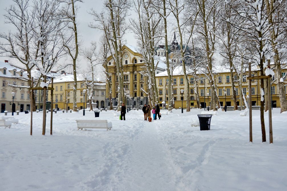 Kongresni Trg Square and Zvezda Park in Ljubljana covered in snow in winter