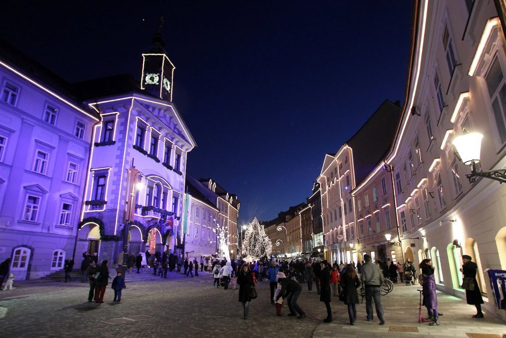 Exterior of Ljubljana Town Hall in the Christmas season