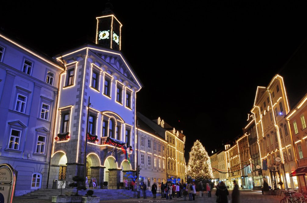 Ljubljana Town Hall decorated with Christmas lights in the festive season