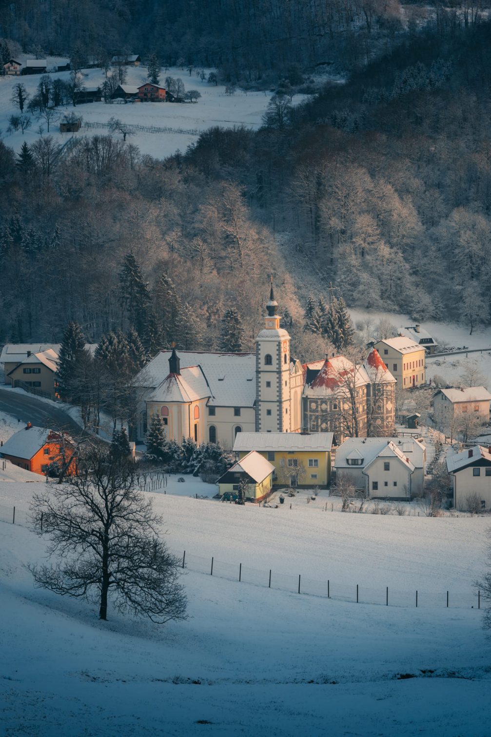 Town of Olimje covered in snow in winter