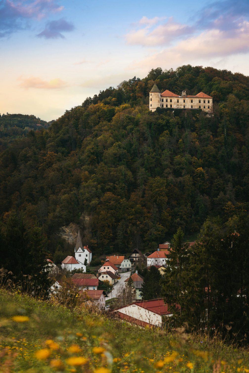 Historic town centre of Podcetrtek with the castle on a hill in the background