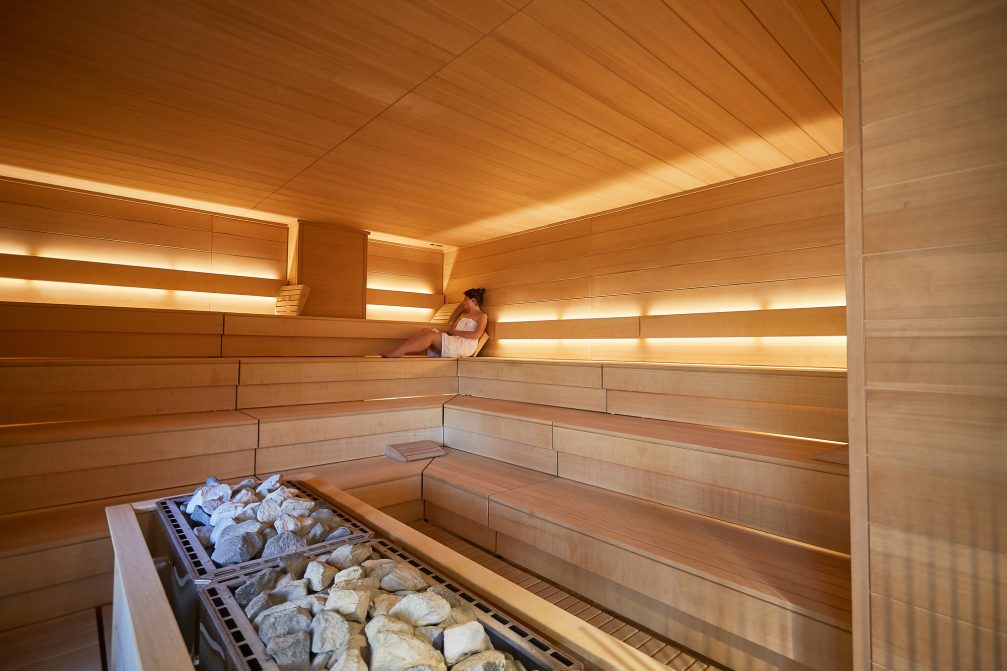 A woman in Finnish sauna at Terme 3000 Thermal Bath Complex in Moravske Toplice