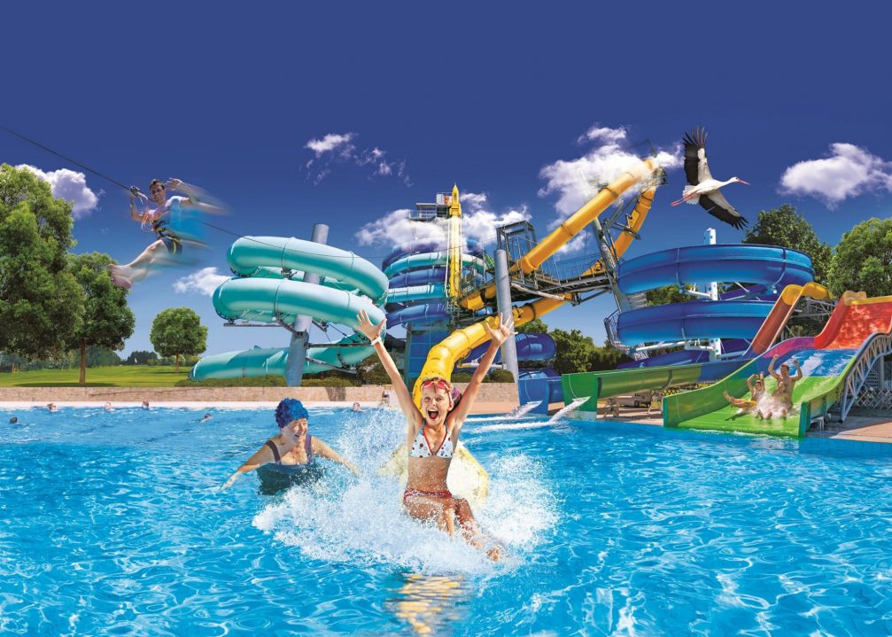 Outdoor pools and water slides at Terme 3000 Thermal Bath Complex in Moravske Toplice