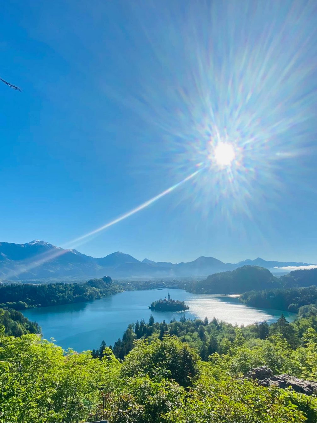 Lake Bled with its island in spring from Ojstrica Viewpoint