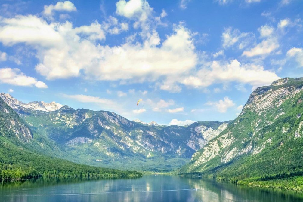 Paragliding above Lake Bohinj, the largest lake in Slovenia