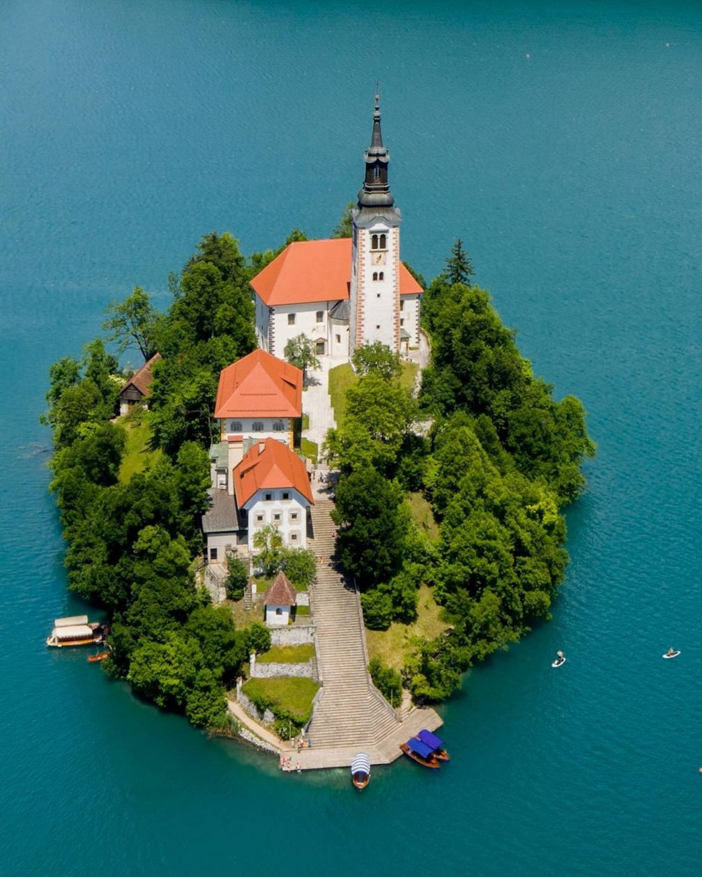 Bled Island in the middle of Lake Bled from birds eye view