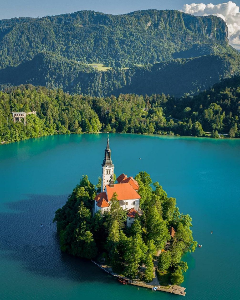 Aerial drone view of Bled Island in the middle of Lake Bled in Slovenia